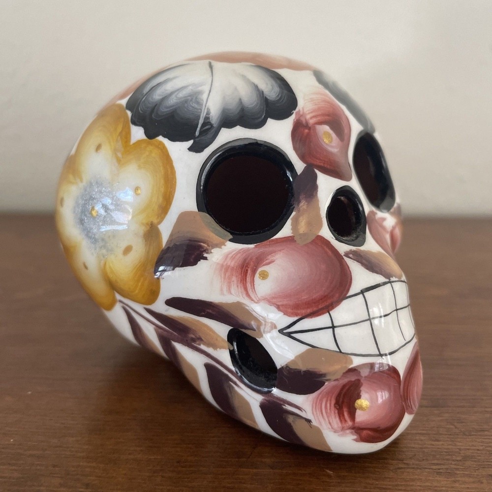 Hand‎ Painted Ceramic Sugar Skull Day of the Dead Flowers 3" T x 4" Craneo Chico